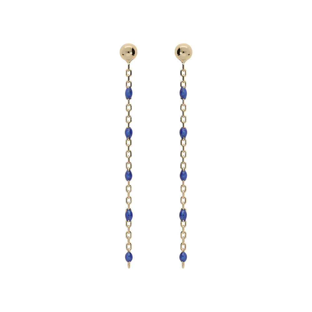 Boucles d\'oreille en argent et dorure jaune cha�nette avec perles bleu fonc� et  fermoir poussette - Vue 1
