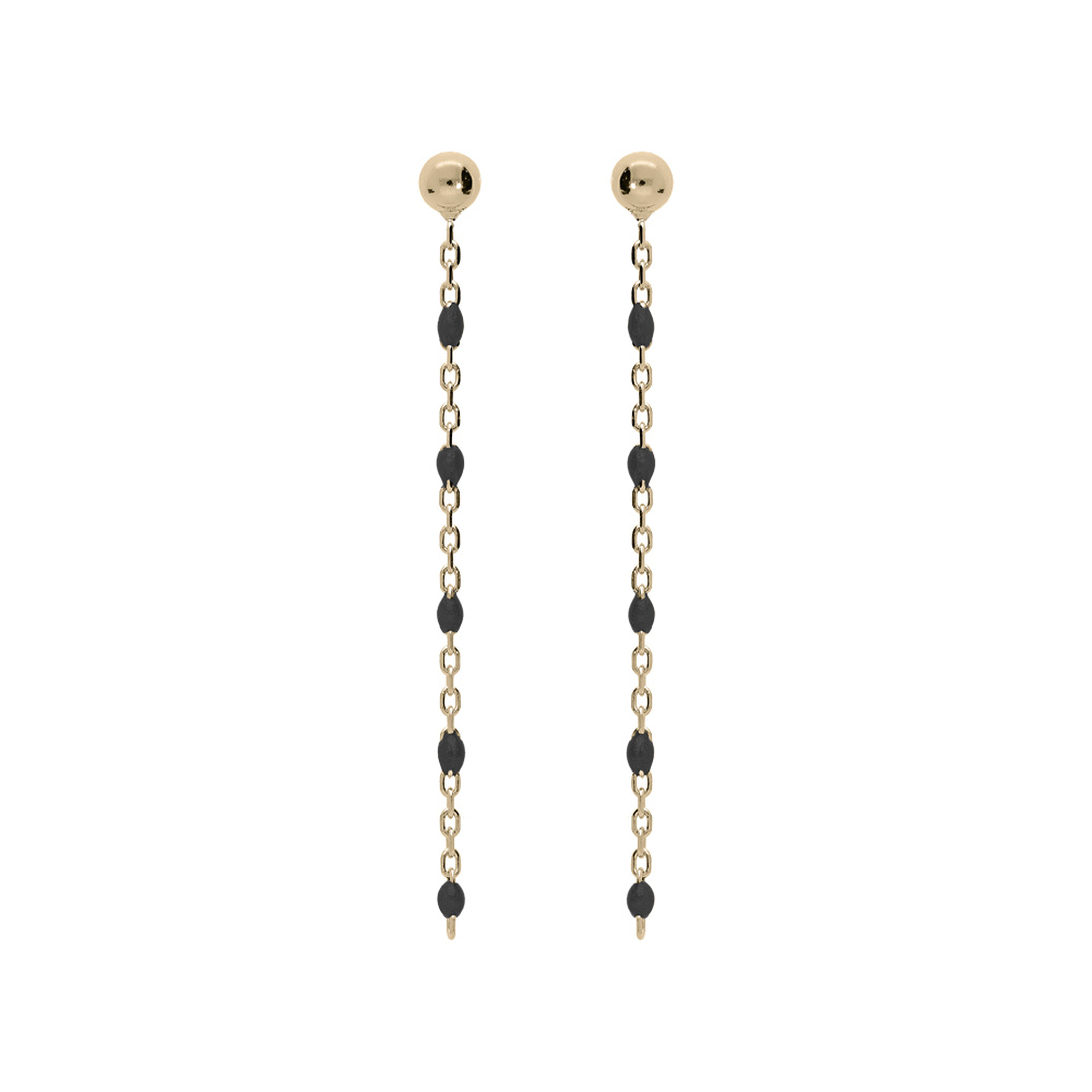 Boucles d\'oreille en argent et dorure jaune cha�nette avec perles noires et fermoir poussette - Vue 1