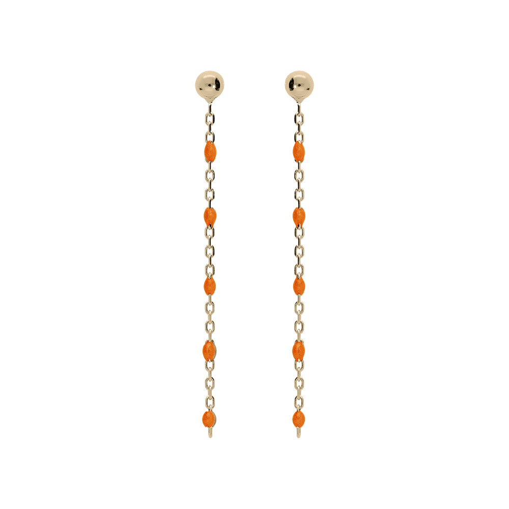 Boucles d\'oreille en argent et dorure jaune cha�nette avec perles orange fluo et fermoir poussette - Vue 1