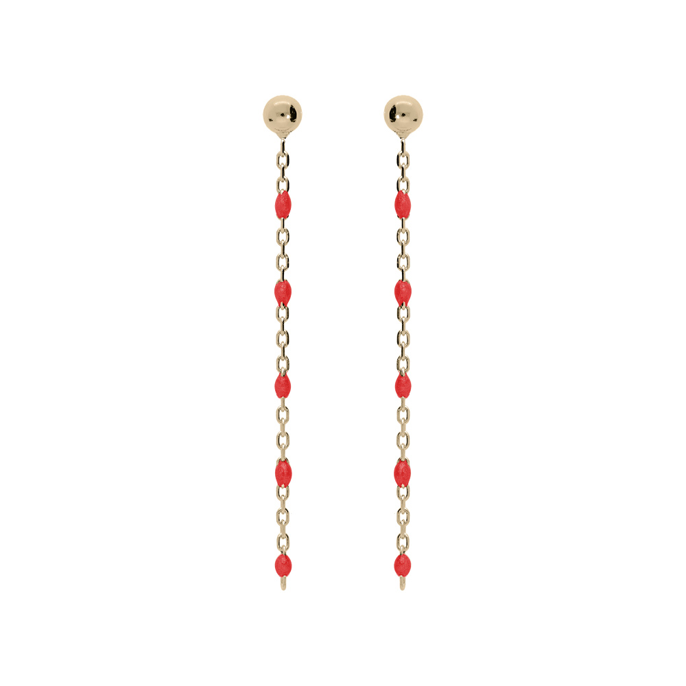 Boucles d\'oreille en argent et dorure jaune cha�nette avec perles rouge et fermoir poussette - Vue 1