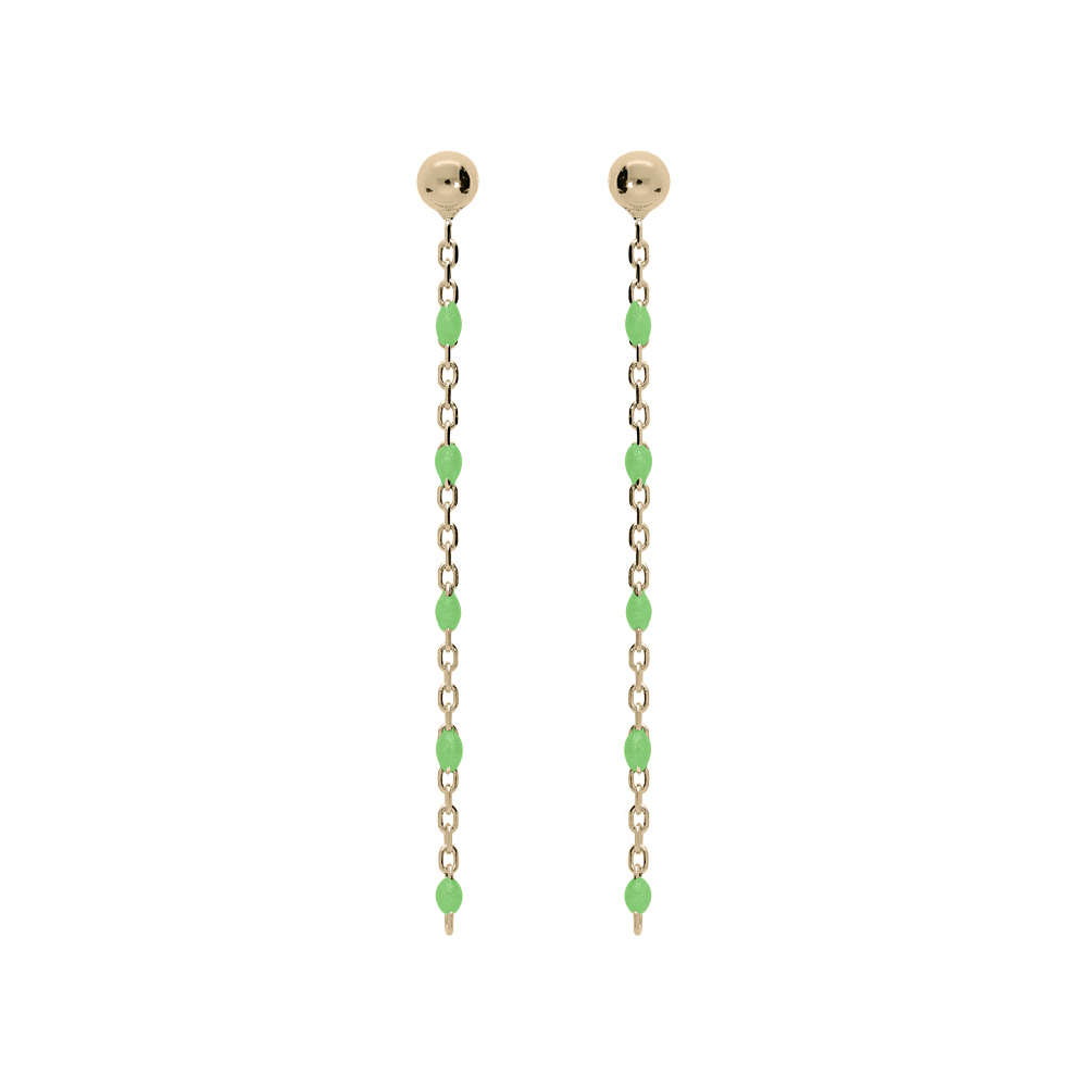 Boucles d\'oreille en argent et dorure jaune cha�nette avec perles vert fluo et fermoir poussette - Vue 1