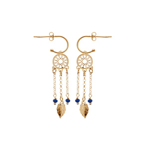 Boucles d\'oreille en argent et dorure jaune demi-crole attrape rve suspendu et boules bleu fonc et fermoir poussette - Vue 1