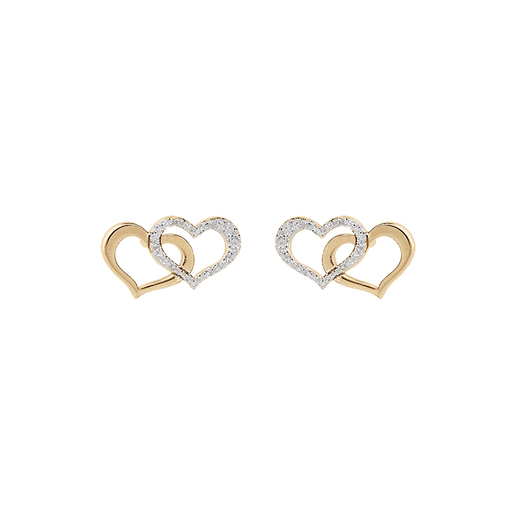 Boucles d\'oreille en argent et dorure jaune double coeur 1 lisse et 1 granit� avec fermoir poussette - Vue 1