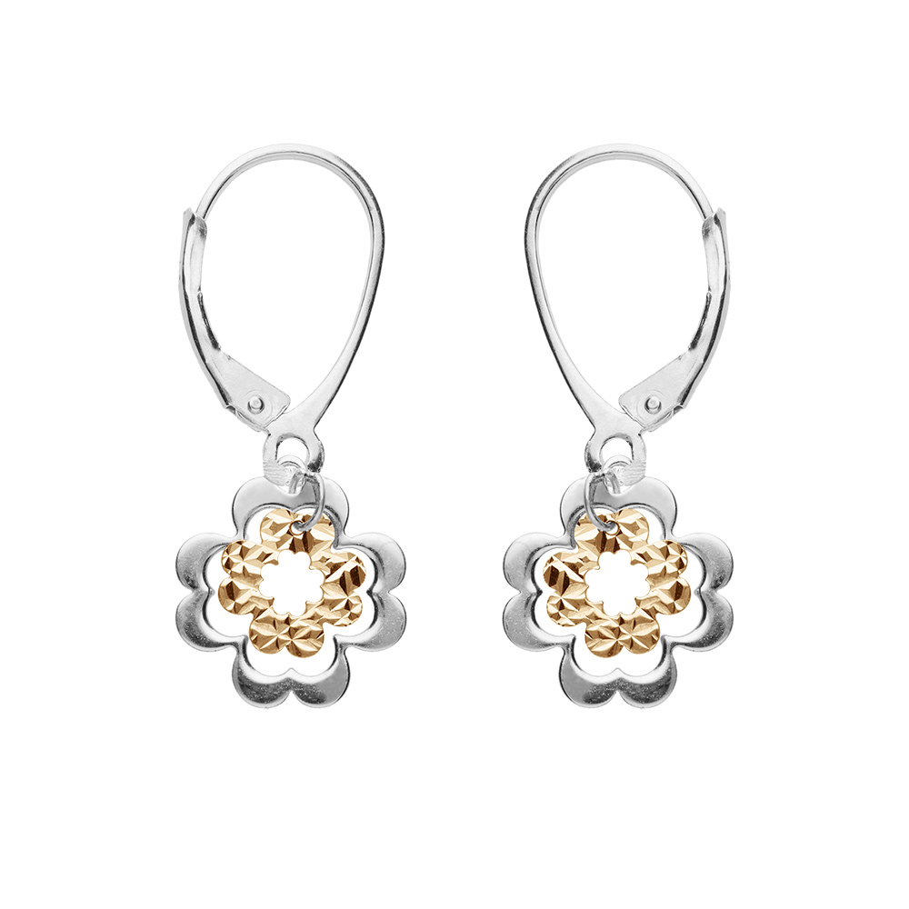 Boucles d\'oreille en argent et dorure jaune double fleur 2 coloris et fermoir dormeuse - Vue 1