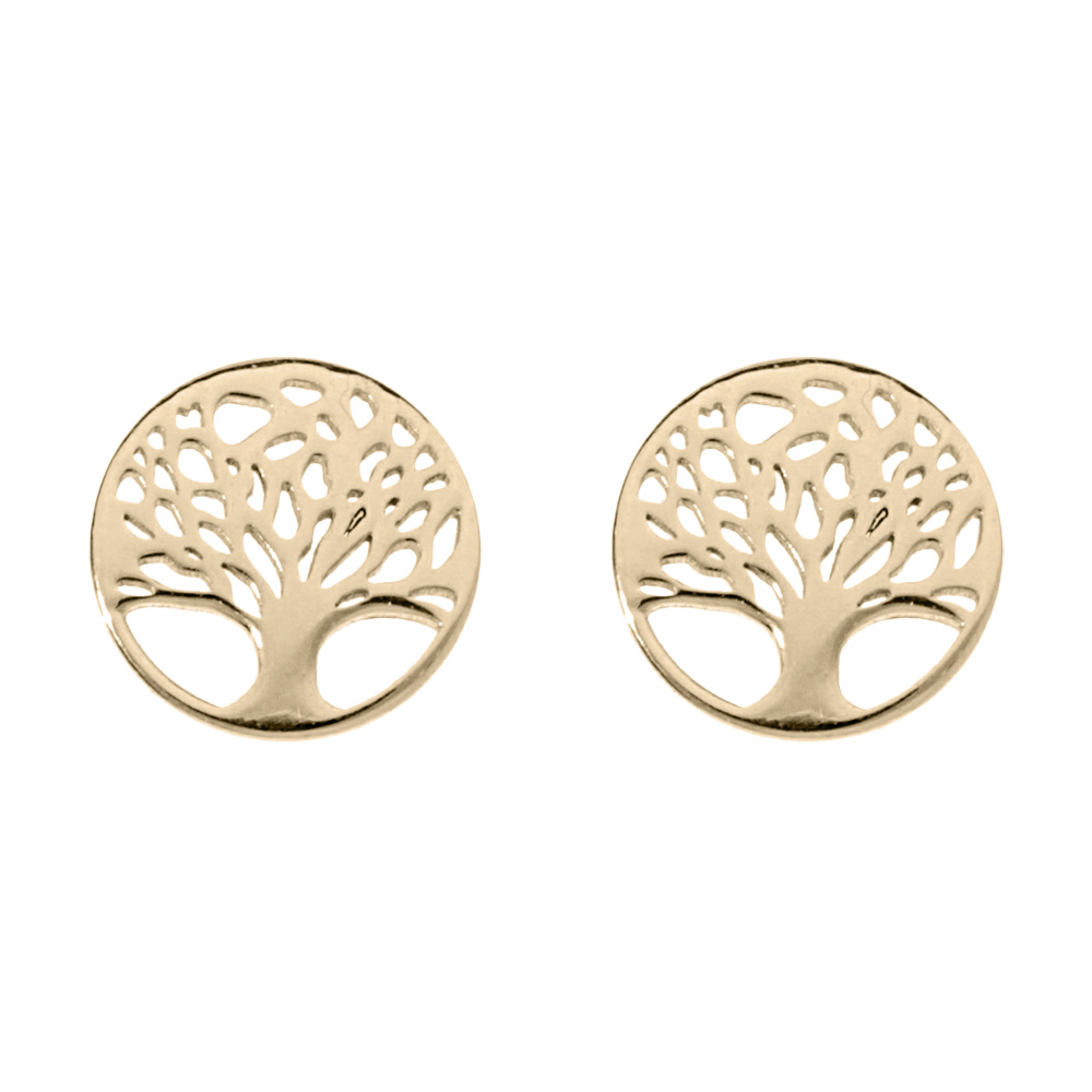 Boucles d\'oreille en argent et dorure jaune pastille ronde motif arbre de vie et fermoir poussette - Vue 1