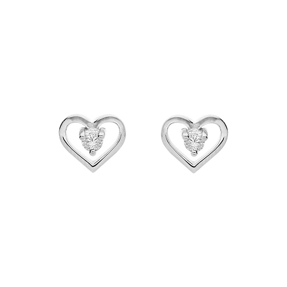 Boucles d\'oreille en argent platin� avec coeur oxyde blanc et fermoir poussette - Vue 1