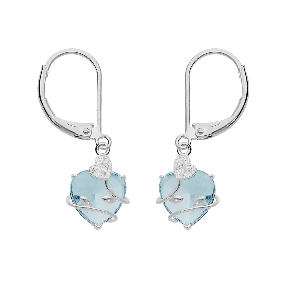 Boucles d\'oreille en argent platin� avec coeur oxyde bleu ciel suspendu motif volute et fermoir dormeuse - Vue 1