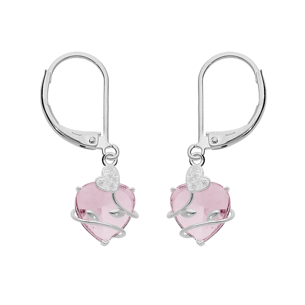 Boucles d\'oreille en argent platin� avec coeur oxyde rose suspendu motif volute et fermoir dormeuse - Vue 1