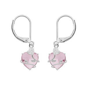 Boucles d\'oreille en argent platin avec coeur oxyde rose suspendu motif volute et fermoir dormeuse - Vue 1