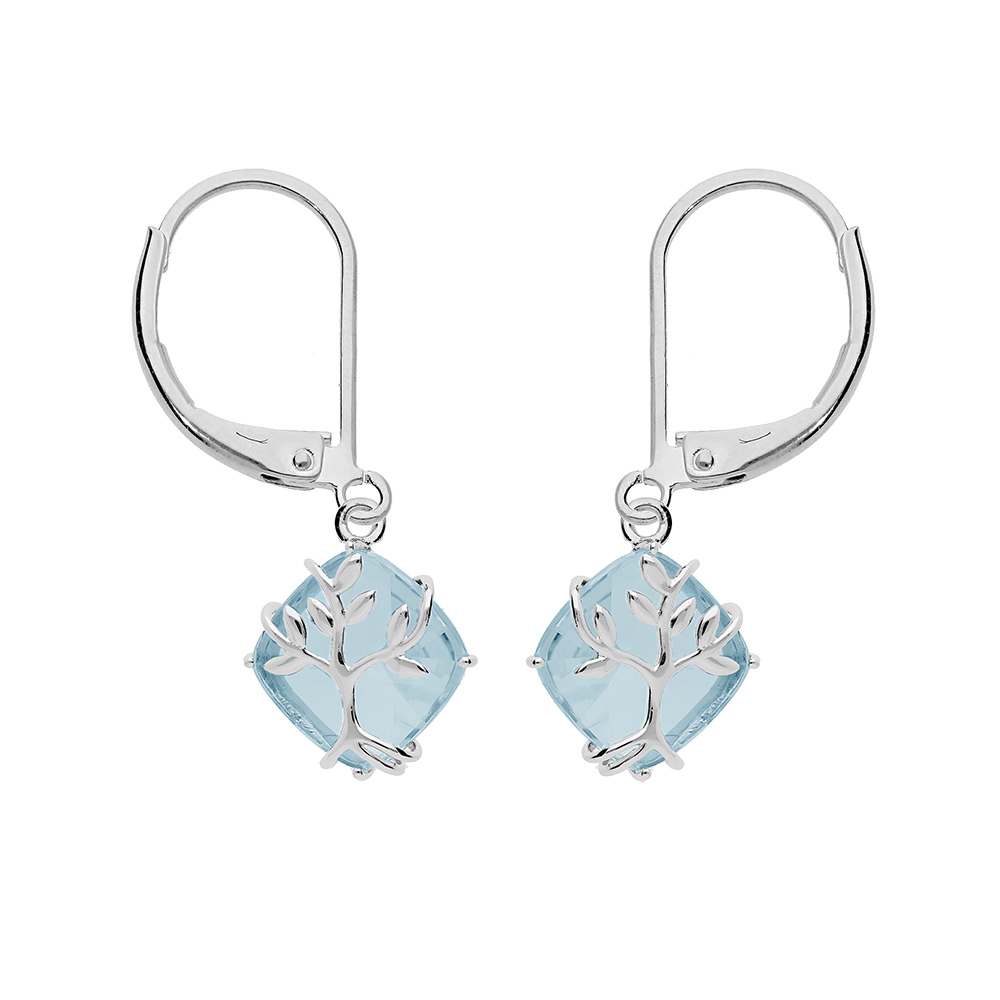 Boucles d\'oreille en argent platin� avec oxyde bleu ciel suspendu motif arbre de vie et fermoir dormeuse - Vue 1