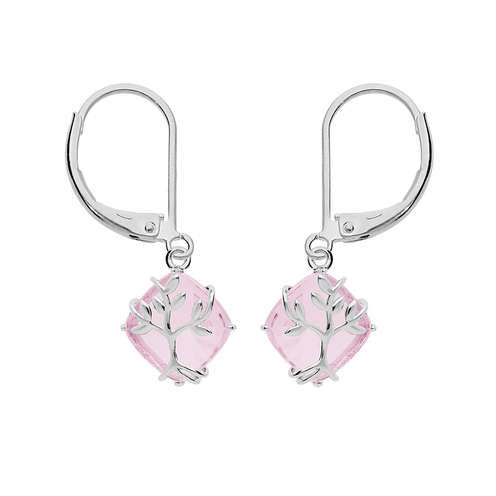 Boucles d\'oreille en argent platin� avec oxyde rose suspendu motif arbre de vie et fermoir dormeuse - Vue 1