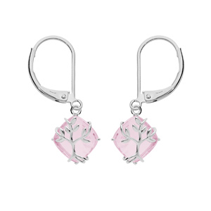 Boucles d\'oreille en argent platin avec oxyde rose suspendu motif arbre de vie et fermoir dormeuse - Vue 1