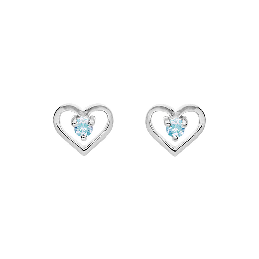 Boucles d\'oreille en argent platin� coeur avec oxyde bleu ciel et fermoir poussette - Vue 1