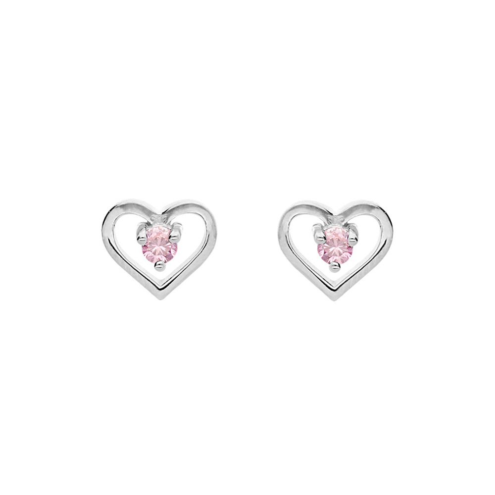 Boucles d\'oreille en argent platin� coeur avec oxyde rose et fermoir poussette - Vue 1