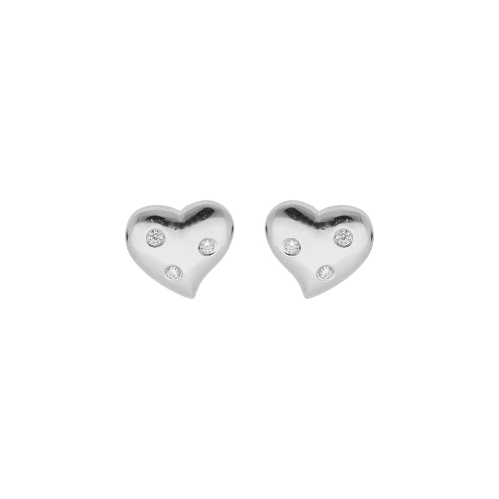 Boucles d\'oreille en argent platin� coeur avec 3 oxydes blancs sertis et fermoir poussette - Vue 1