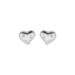 Boucles d\'oreille en argent platin coeur avec 3 oxydes blancs sertis et fermoir poussette - Vue 1