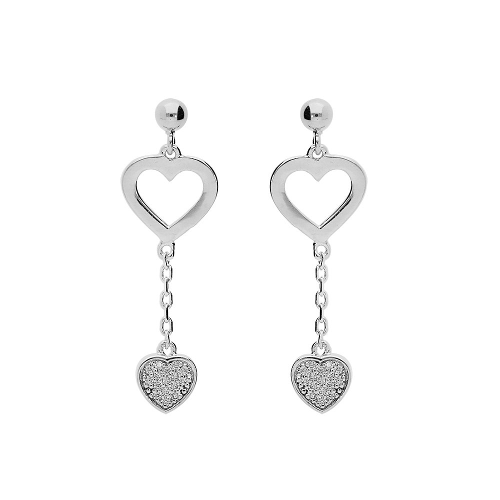 Boucles d\'oreille en argent platin� coeur �vid� et coeur oxydes blancs sertis suspendus et fermoir poussette - Vue 1