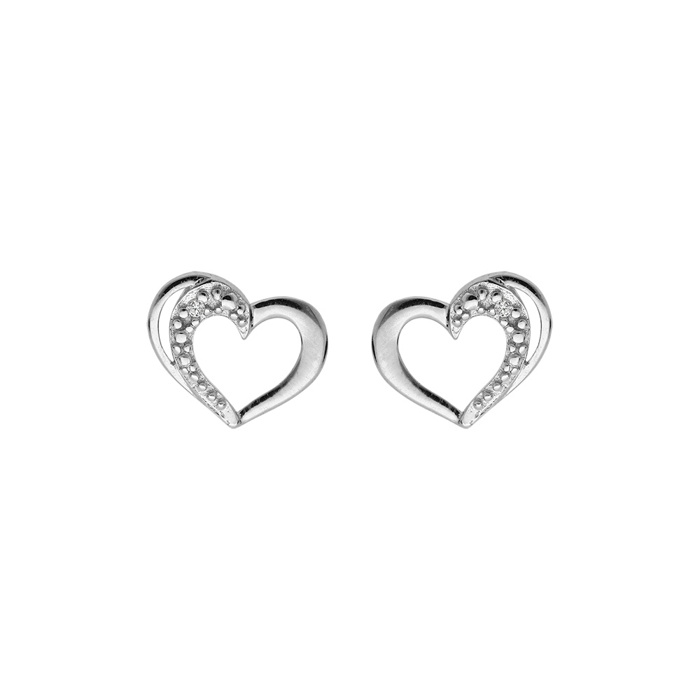 Boucles d\'oreille en argent platin� coeur oxydes blancs sertis avec fermoir poussette - Vue 1