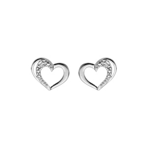 Boucles d\'oreille en argent platin coeur oxydes blancs sertis avec fermoir poussette - Vue 1