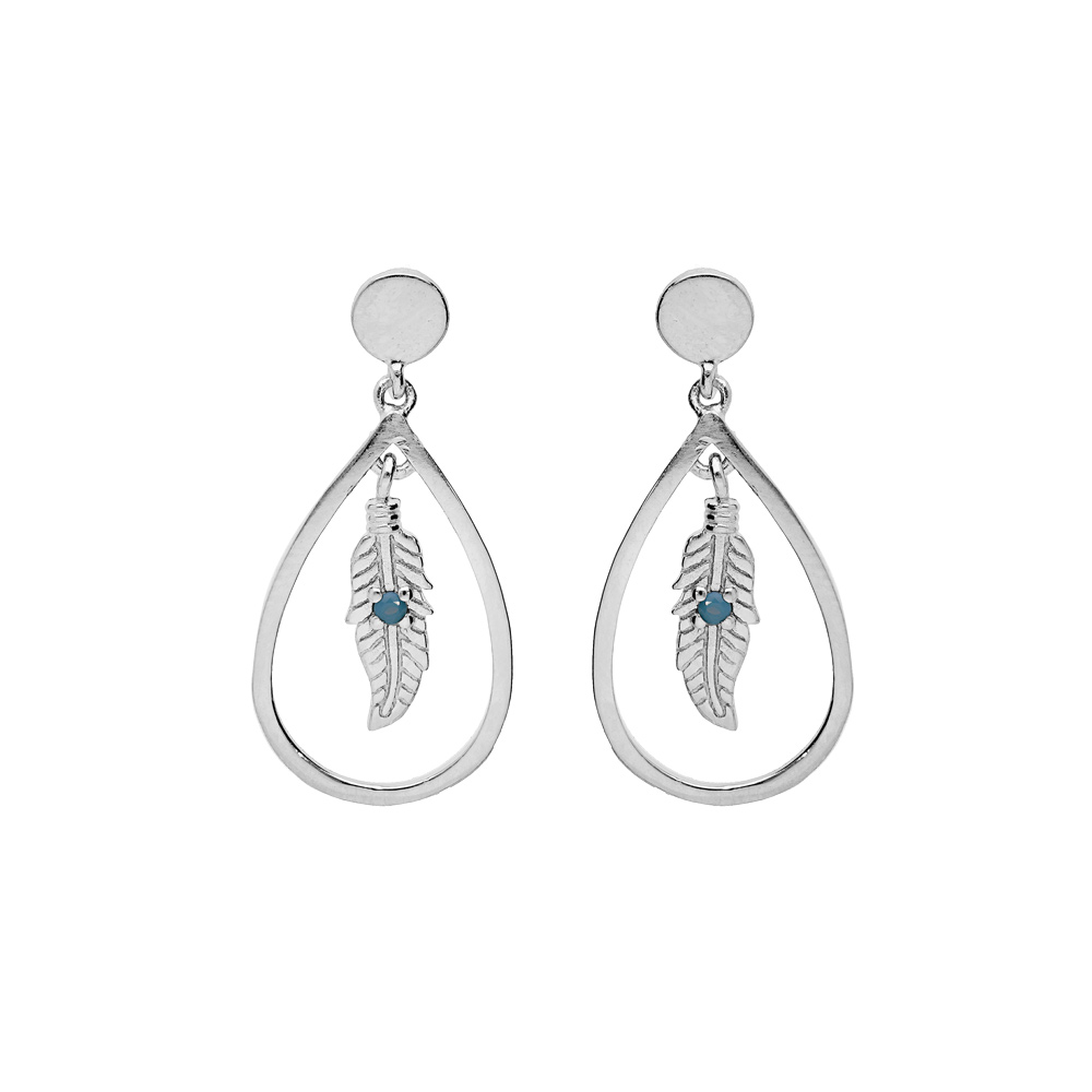 Boucles d\'oreille en argent platin� goutte �vid�e suspendue avec plume et oxyde bleu fermoir poussette - Vue 1