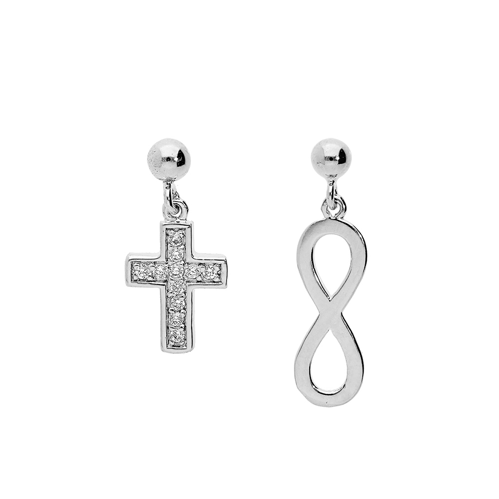 Boucles d\'oreille en argent platin� 1 infini et 1 croix oxydes blancs sertis et fermoir poussette - Vue 1