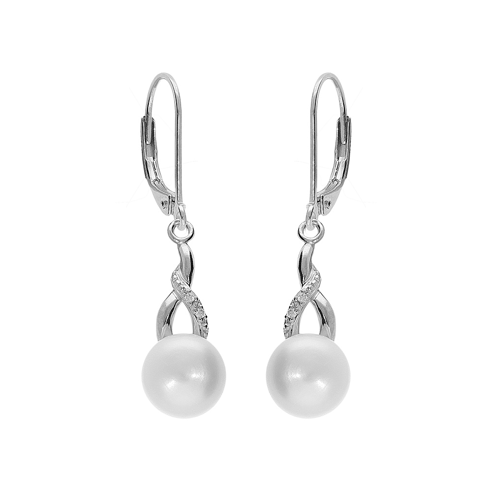 Boucles d\'oreille en argent platin� perle de culture d\'eau douce avec oxydes blancs sertis, fermoir dormeuse - Vue 1