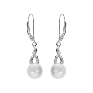 Boucles d\'oreille en argent platin perle de culture d\'eau douce avec oxydes blancs sertis, fermoir dormeuse - Vue 1