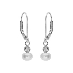 Boucles d\'oreille en argent platin perle de culture d\'eau douce et un oxyde blanc serti, fermoir dormeuse - Vue 1