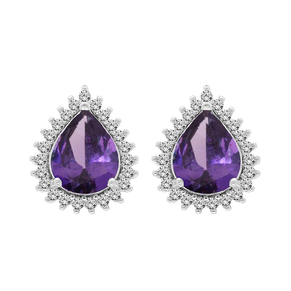 Boucles d\'oreille en argent rhodi Amthyste vritable forme goutte 8x6 contour Topazes blanches serties et fermoir poussette - Vue 1