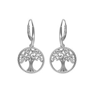 Boucles d\'oreille en argent rhodi anneau avec arbre de vie contour perl et oxydes blancs fermoir crochet - Vue 1