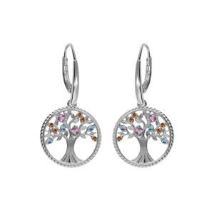 Boucles d\'oreille en argent rhodi anneau avec arbre de vie contour perl et oxydes multi couleurs fermoir crochet - Vue 1