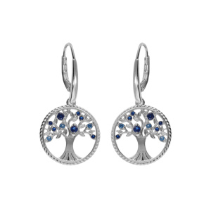 Boucles d\'oreille en argent rhodi anneau avec arbre de vie contour perl et oxydes tons bleu fermoir crochet - Vue 1