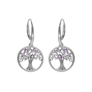 Boucles d\'oreille en argent rhodi anneau avec arbre de vie contour perl et oxydes tons violet fermoir crochet - Vue 1