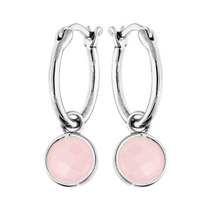 Boucles d\'oreille en argent rhodié anneau avec pierre faceté ronde rose 15mm - Vue 1