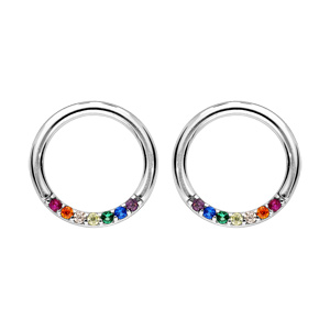 Boucles d\'oreille en argent rhodi anneau avec pierres multi couleurs et fermoir poussette - Vue 1