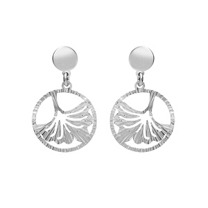 Boucles d\'oreille en argent rhodi anneau suspendu 15mm ajoure avec motif feuille et fermoir poussette - Vue 1