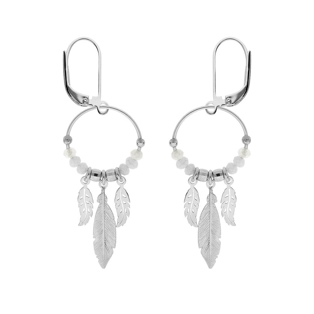 Boucles d\'oreille en argent rhodi� anneau suspendu 15mm avec boules lisses et blanches pampille 3 plumes fermoir dormeuse - Vue 1
