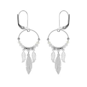 Boucles d\'oreille en argent rhodi anneau suspendu 15mm avec boules lisses et blanches pampille 3 plumes fermoir dormeuse - Vue 1