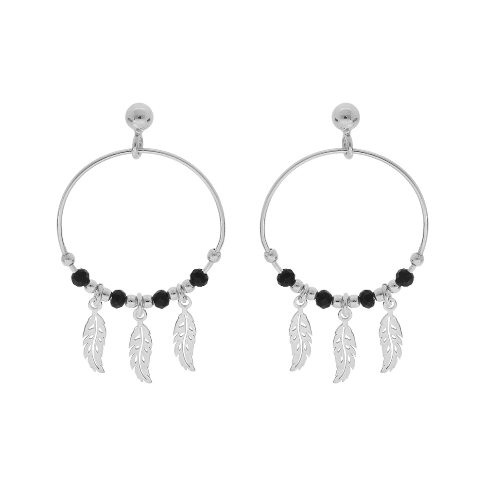 Boucles d\'oreille en argent rhodi� anneau suspendu 23mm avec boules lisses et noires pampille 3 plumes fermoir poussette - Vue 1