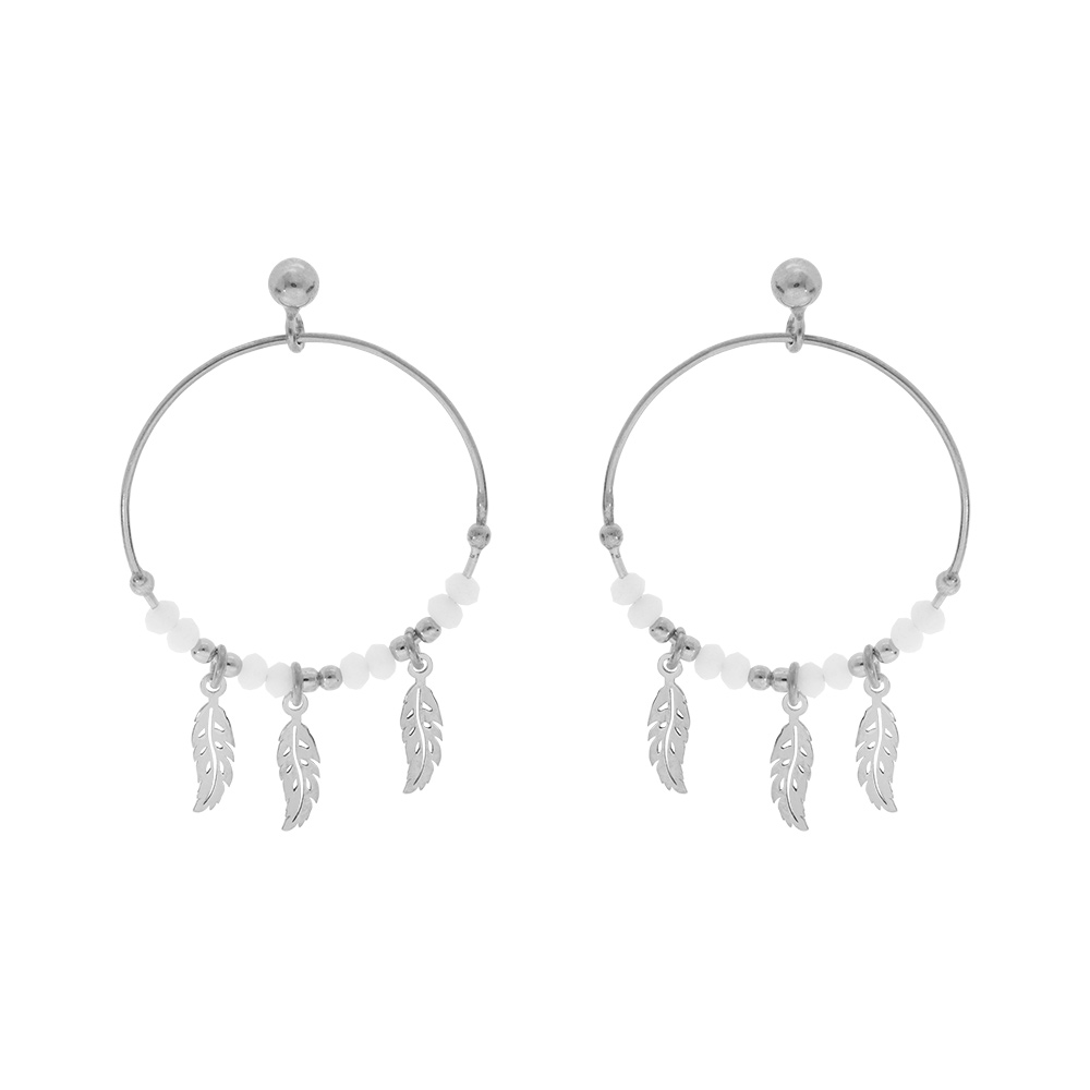 Boucles d\'oreille en argent rhodi anneau suspendu 28mm boules lisses et blanches pampille 3 plumes fermoir poussette - Vue 1