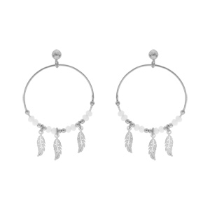 Boucles d\'oreille en argent rhodi anneau suspendu 28mm boules lisses et blanches pampille 3 plumes fermoir poussette - Vue 1