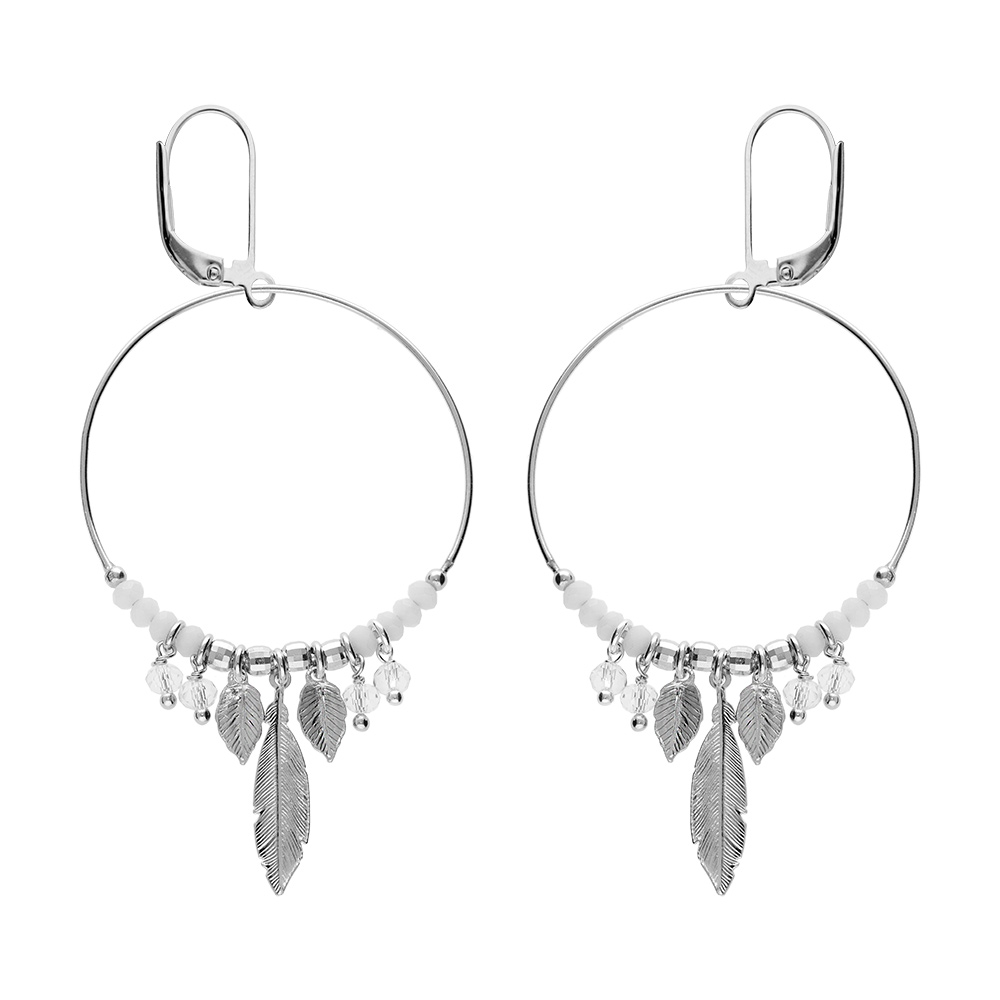 Boucles d\'oreille en argent rhodi� anneau suspendu 35mm boules diamant�es et blanches pampille transparentes et fermoir dormeuse - Vue 1