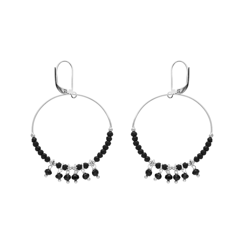 Boucles d\'oreille en argent rhodi� anneau suspendu 35mm boules lisses et noires pampilles noires facett�es et fermoir dormeuse - Vue 1