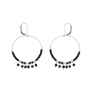 Boucles d\'oreille en argent rhodi anneau suspendu 35mm boules lisses et noires pampilles noires facettes et fermoir dormeuse - Vue 1