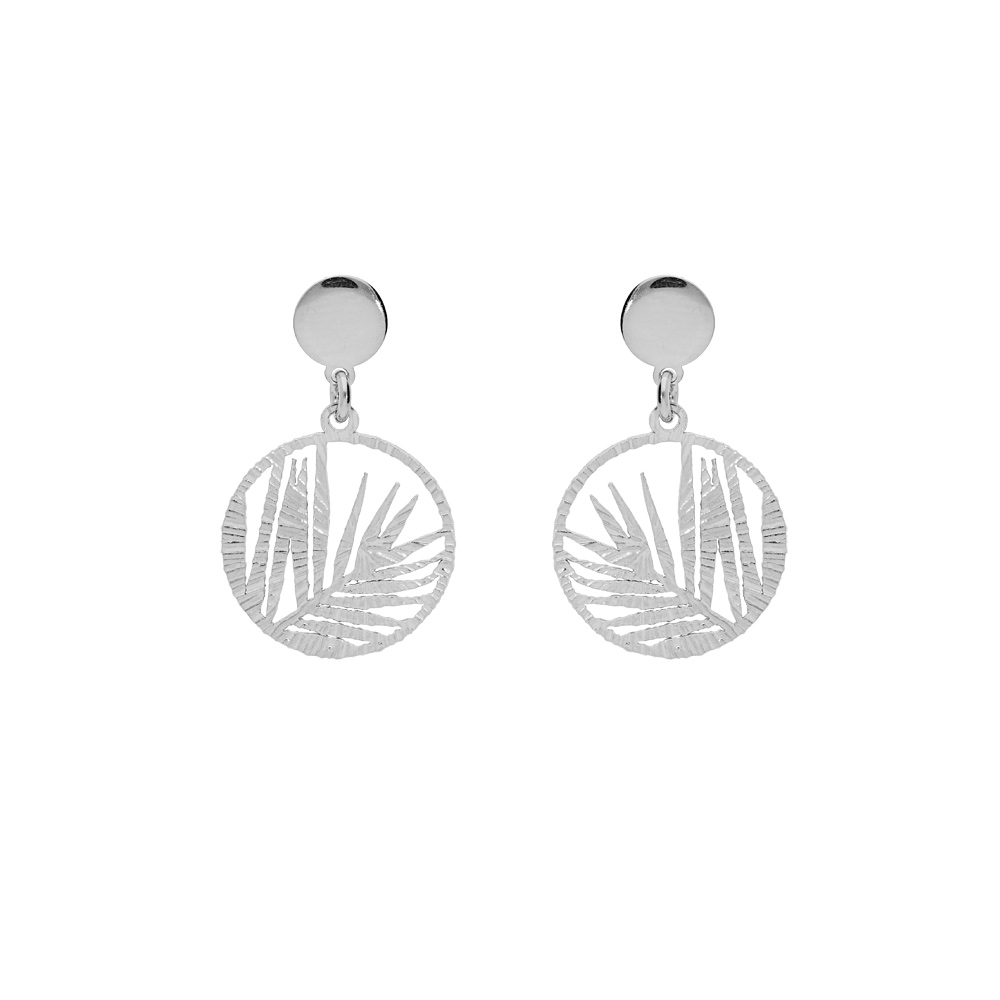 Boucles d\'oreille en argent rhodi� anneau suspendu ajour�e 15mm motif feuillage et fermoir poussette - Vue 1