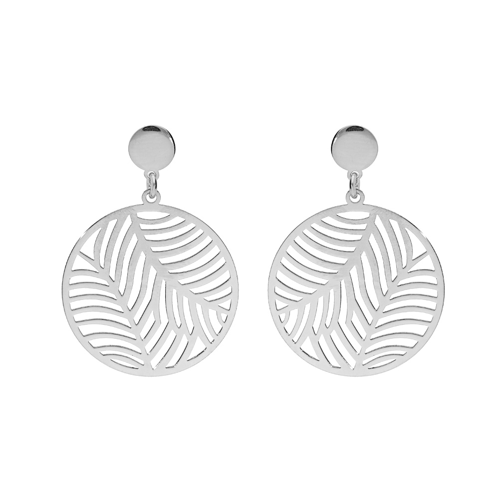 Boucles d\'oreille en argent rhodi� anneau suspendu ajour�e 15mm motif feuillage stylis� et fermoir poussette - Vue 1