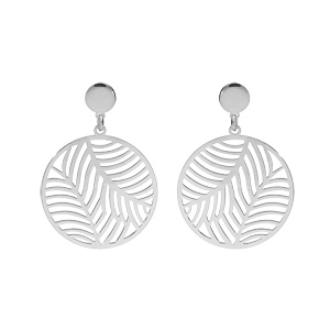 Boucles d\'oreille en argent rhodi anneau suspendu ajoure 15mm motif feuillage stylis et fermoir poussette - Vue 1