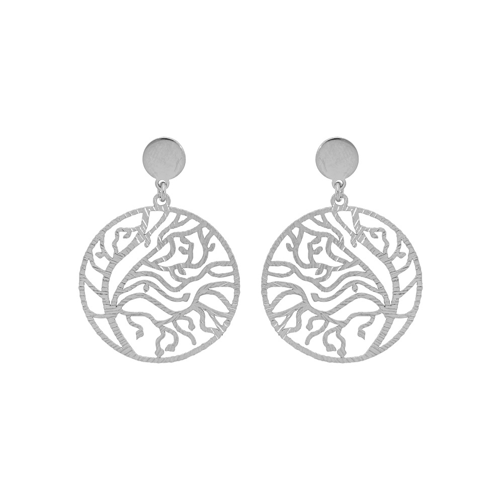 Boucles d\'oreille en argent rhodi� anneau suspendu ajour�e 23mm motif v�g�tal et fermoir poussette - Vue 1