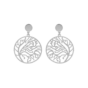 Boucles d\'oreille en argent rhodi anneau suspendu ajoure 23mm motif vgtal et fermoir poussette - Vue 1