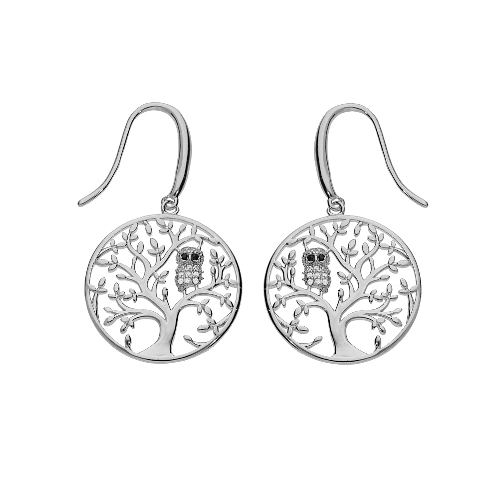 Boucles d\'oreille en argent rhodi� anneau suspendu avec arbre de vie et hibou - chouette empierr� et fermoir crochet - Vue 1